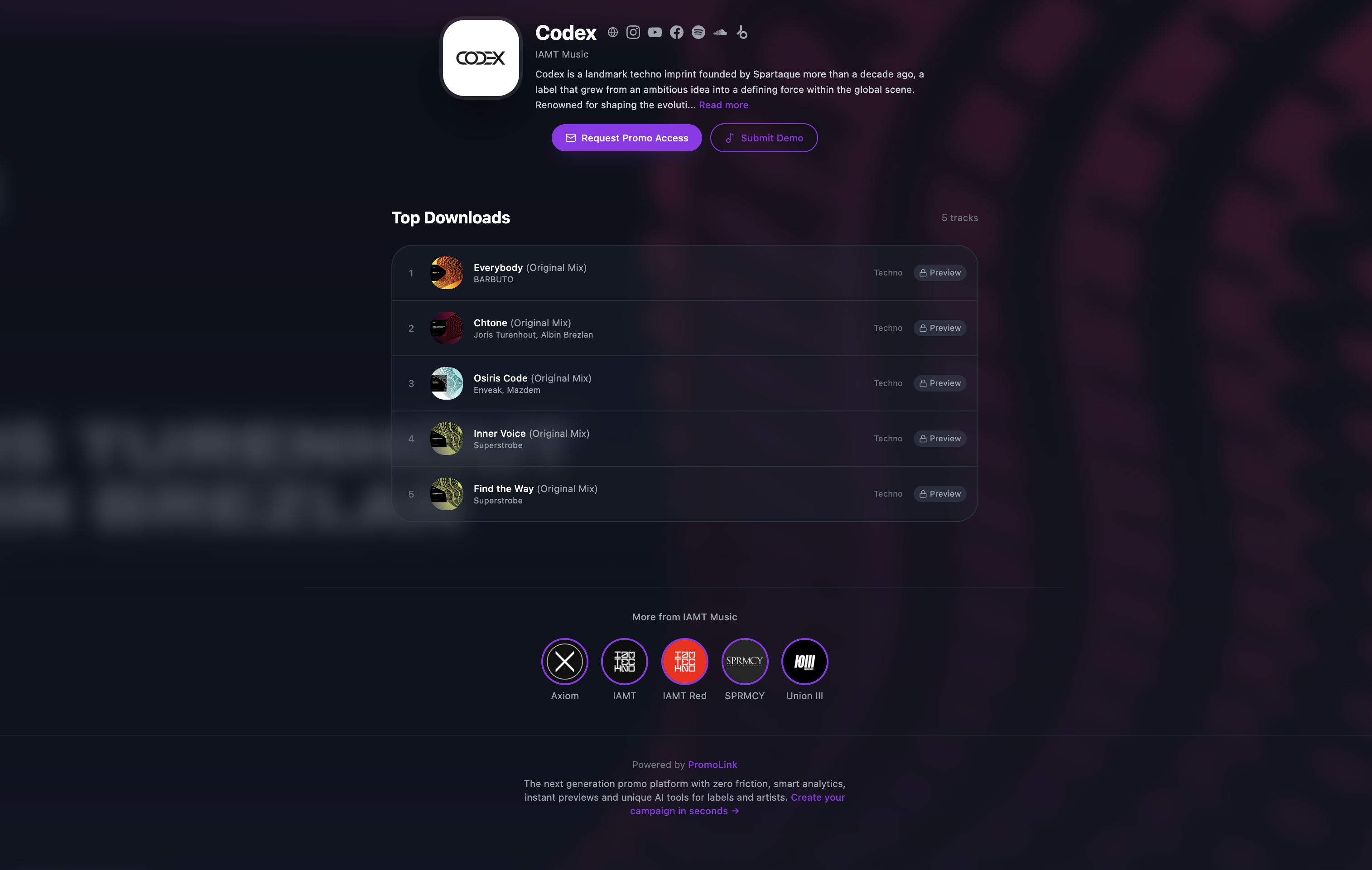 A live Public Label Page — branded catalog, featured tracks ranked by downloads, Request Access flow.